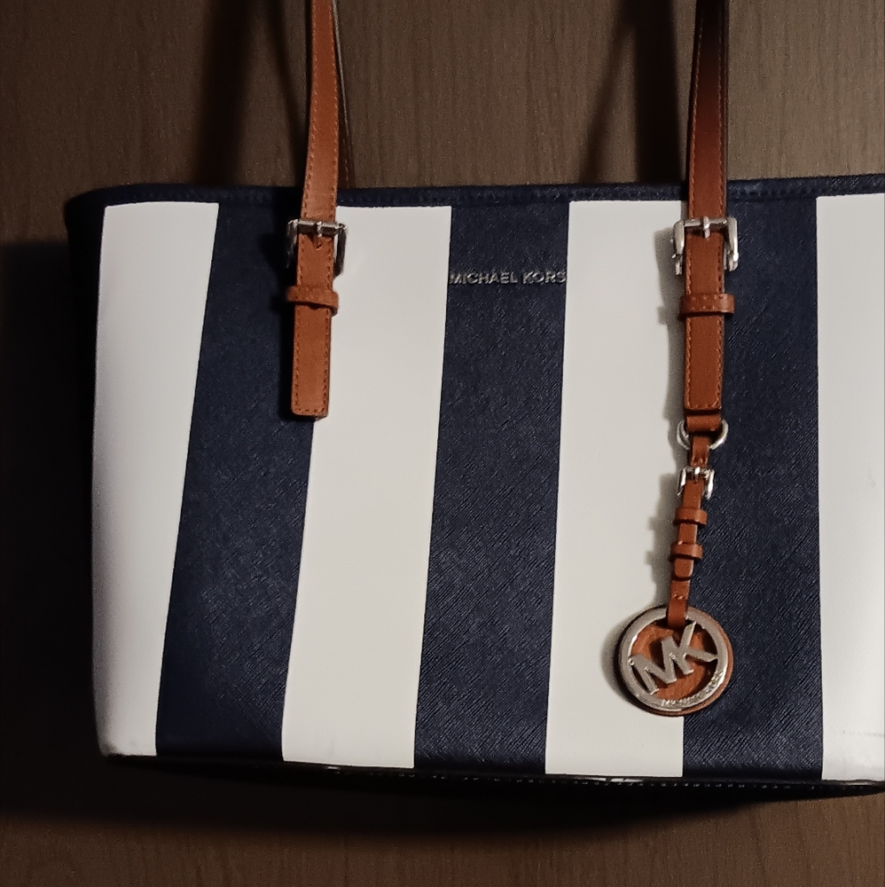 Michael Kors Blue and White Tote with Striking Stripes
